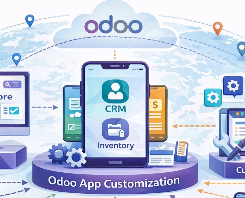 Illustration of Odoo apps, mobile applications, and app store customization services for global business efficiency