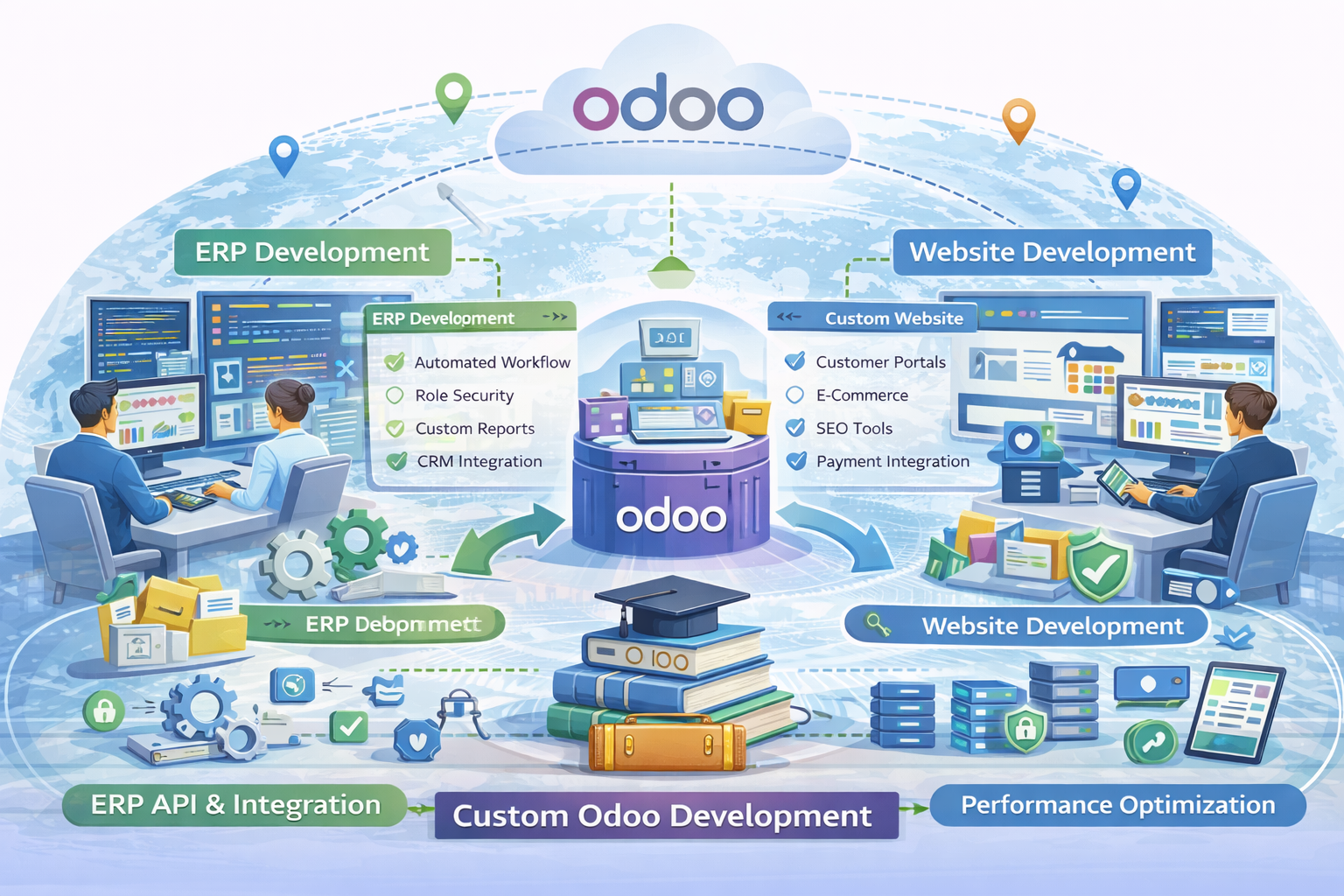 Custom Odoo ERP and website development workflow with modular architecture