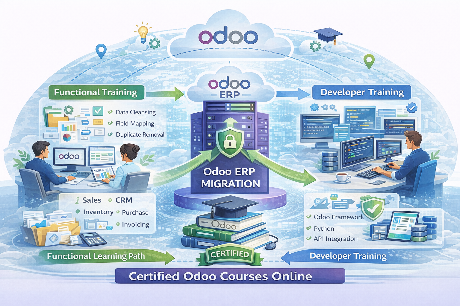 Online Odoo ERP training dashboard showing functional and developer learning paths
